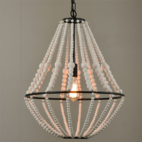 Rustic Wood Beaded Chandelier Distressed Off-White Finish